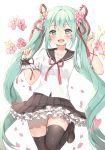  1girl bangs black_legwear black_sailor_collar black_skirt blush breasts brown_footwear canape_(canape0130) commentary_request eyebrows_visible_through_hair flower frilled_skirt frills green_eyes green_hair hair_between_eyes hair_flower hair_ornament hair_ribbon hand_up hatsune_miku heart loafers long_hair petals pink_flower pleated_skirt puffy_short_sleeves puffy_sleeves red_ribbon ribbon sailor_collar school_uniform serafuku shirt shoes short_sleeves simple_background single_wrist_cuff skirt small_breasts solo standing standing_on_one_leg thigh-highs twintails very_long_hair vocaloid white_background white_shirt 