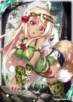  1girl :o ahoge all_fours arm_support bangs bare_shoulders barefoot blonde_hair blush breasts character_request commentary_request dark_skin day dress eyebrows_visible_through_hair fang feathers fingernails flower forest green_dress hair_between_eyes hair_flower hair_ornament head_tilt highres long_hair looking_at_viewer medium_breasts nature official_art open_mouth outdoors red_eyes rock shinkai_no_valkyrie sidelocks sleeveless sleeveless_dress solo sparkle tail tree very_long_hair white_feathers white_flower yan_(nicknikg) 