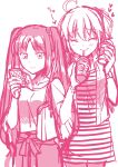  2girls ahoge alternate_costume bangs blush casual cellphone closed_eyes commentary_request cup drinking drinking_straw fate/grand_order fate_(series) fujimaru_ritsuka_(female) heart highres holding holding_cellphone holding_phone jewelry long_hair minnmibouya monochrome multiple_girls necklace phone sketch stheno striped twintails very_long_hair watch watch white_background 