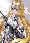  1girl absurdres armor armored_dress blonde_hair blue_eyes breasts chains china cowboy_shot dress eyebrows_visible_through_hair fate/apocrypha fate_(series) floating_hair fur_trim gauntlets highres holding jeanne_d&#039;arc_(fate) jeanne_d&#039;arc_(fate)_(all) long_hair medium_breasts sheath sheathed sideboob sleeveless sleeveless_dress smile solo standing sword terai_(teraimorimori) very_long_hair weapon 