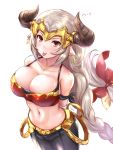  1girl aliza_(granblue_fantasy) arm_wrap armband arms_behind_back bare_shoulders belt black_pants blush bow breasts cleavage collarbone draph earrings granblue_fantasy hair_pulled_back headpiece highres hips horns jewelry large_breasts long_braid long_hair looking_at_viewer low-tied_long_hair midriff navel pants pointy_ears red_bow red_eyes silver_hair simple_background smile solo tongue tongue_out tsuchinoto waist white_background 