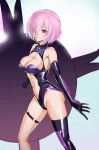  1girl bare_shoulders black_gloves breasts elbow_gloves fate/grand_order fate_(series) gloves hair_over_one_eye highleg highleg_leotard highres holding large_breasts leotard looking_at_viewer mash_kyrielight navel one_eye_covered ontaros parted_lips pink_hair shield single_thighhigh smile solo thigh-highs violet_eyes 