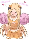  1girl :d ^_^ abigail_williams_(fate/grand_order) absurdres bangs black_bow blonde_hair blush bow cheerleader closed_eyes collarbone facing_viewer fate/grand_order fate_(series) hair_bow hands_up head_tilt heart highres holding long_hair mitchi nose_blush open_mouth orange_bow orange_shirt orange_skirt parted_bangs pleated_skirt pom_poms shirt simple_background sketch skirt sleeveless sleeveless_shirt smile solo translation_request very_long_hair white_background 