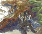  1boy 1girl arm_warmers black_hair breasts brown_eyes brown_hair cleavage corpse denim denim_skirt dinosaur dress final_fantasy final_fantasy_viii gloves jacket jewelry long_hair medium_breasts necklace rinoa_heartilly short_hair skirt squall_leonhart tyrannosaurus_rex undershirt 