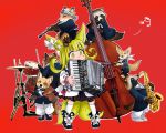  1girl accordion animal animal_ears black_dress black_footwear blonde_hair bow clarinet commentary doitsuken dress drum drumsticks fox fox_child_(doitsuken) fox_ears fox_tail head_scarf instrument multiple_tails music musical_note one_eye_closed original pants playing_instrument raccoon red_background saxophone shoe_bow shoes simple_background tail tanuki white_bow white_footwear white_neckwear white_pants 
