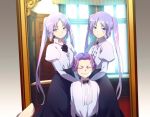  1boy 2girls alternate_costume black_neckwear blush bow bowtie cis05 closed_eyes commentary_request euryale fate/grand_order fate_(series) grin juliet_sleeves long_hair long_sleeves looking_at_viewer mephistopheles_(fate/grand_order) multiple_girls photo_(object) puffy_sleeves purple_hair short_hair siblings sisters smile stheno twins twintails very_long_hair violet_eyes window younger 