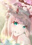  1girl absurdres aqua_eyes bangs darling_in_the_franxx eyebrows_visible_through_hair flower hair_flower hair_ornament hairband highres horns long_hair looking_at_viewer pink_hair ponytail pp229 red_horns smile solo white_hairband 