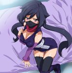  1girl ayame_(gundam_build_divers) bangs bed black_hair black_legwear black_panties blush boots breasts cleavage covered_nipples elbow_gloves face_mask gloves gundam gundam_build_divers japanese_clothes knee_boots large_breasts looking_at_viewer low_ponytail mask ninja ontaros open_mouth panties red_scarf scarf sitting sleeveless solo split_ponytail underwear violet_eyes 