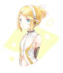  1girl :o alternate_hairstyle aqua_eyes arms_behind_back bare_shoulders blonde_hair choker detached_sleeves eyebrows_visible_through_hair hair_ornament hairclip headphones headset highres kagamine_rin kagamine_rin_(append) looking_at_viewer navel open_mouth oyamada_(pi0v0jg) short_hair short_ponytail solo treble_clef upper_body vocaloid vocaloid_append 
