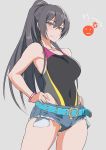  1girl ass bare_shoulders belt black_hair blush bracelet breasts brown_eyes covered_navel denim denim_shorts hands_on_hips idolmaster idolmaster_shiny_colors jewelry long_hair looking_at_viewer mikoyan one-piece_swimsuit ponytail shirase_sakuya shorts solo swimsuit very_long_hair 