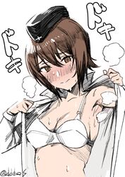  1girl black_hat blush breasts brown_eyes brown_hair cleavage commentary_request garrison_cap girls_und_panzer hair_between_eyes hat medium_breasts nishizumi_maho school_uniform solo steam sweat twitter_username undressing white_background yusukesan 