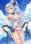  1girl absurdres armband artist_request bare_shoulders beach blue_flower blue_hair blue_ribbon blue_rose blue_sky blush breasts cross-laced_clothes draph flower granblue_fantasy hair_between_eyes hair_flower hair_ornament halterneck highres hips horns izmir large_breasts long_hair looking_at_viewer mole mole_under_mouth navel ocean open_mouth outdoors pointy_ears red_eyes ribbon rose sash sky smile snowflake_hair_ornament solo swimsuit thigh_strap thighs under_boob waist white_swimsuit 