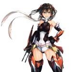  1girl alternate_costume armpits asura_ninja bangs bare_shoulders black_hair black_leotard breasts cosplay elbow_gloves eyebrows_visible_through_hair gloves groin hair_between_eyes hair_ornament hand_on_hip highres kantai_collection leotard long_hair looking_at_viewer mecha_musume medium_breasts megami_device muscle parted_lips scarf sendai_(kantai_collection) simple_background smile solo standing teeth thigh-highs thighs torpedo torpedo_tubes tsukira_(amayadori) turret white_background yellow_eyes 