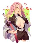  1girl :d bangs belt blush braid breasts breasts_apart brown_jacket brown_pants cleavage_cutout commentary_request fingernails green_background hair_between_eyes hand_on_own_cheek heart heart-shaped_pupils holding holding_sword holding_weapon jacket kanroji_matsuri katana kimetsu_no_yaiba large_breasts long_hair long_sleeves mole mole_under_eye open_mouth pants pink_eyes pink_hair scabbard sheath sheathed signature smile solo sword symbol-shaped_pupils twin_braids weapon yamakawa yandere_trance 