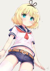  1girl belt belt_buckle blonde_hair blue_eyes bracelet buckle flying_sweatdrops gochuumon_wa_usagi_desu_ka? hair_ribbon himarisu_(hida_mari) jewelry kirima_sharo navel raised_eyebrows ribbon sailor short_shorts shorts signature simple_background thigh-highs white_legwear 