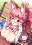  1girl animal_ears black_legwear blush breasts cleavage cleavage_cutout day extra_ears fang fate/grand_order fate_(series) fox_ears fox_tail glasses large_breasts long_hair looking_up open_mouth outdoors pink_hair ponytail red_ribbon ribbon school_uniform solo tail tamamo_(fate)_(all) tamamo_no_mae_(fate) thighs yellow_eyes yuxian_youka 