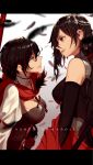  2girls alternate_universe black_hair cape corset crossover dishwasher1910 dual_persona english_text feathers height_difference highlights looking_at_another multicolored_hair multiple_girls ponytail redhead ruby_rose rwby 
