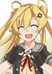  1girl ^_^ ^o^ abukuma_(kantai_collection) anger_vein bangs black_gloves black_jacket blonde_hair buttons closed_eyes double_bun gloves hair_between_eyes hair_rings hinase_(jet_hearts) jacket kantai_collection long_hair looking_at_viewer neck_ribbon open_mouth partly_fingerless_gloves red_ribbon remodel_(kantai_collection) ribbon school_uniform serafuku short_sleeves smile solo twintails upper_body 