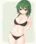  1girl bare_arms bare_shoulders black_bra black_panties bra breasts cleavage collarbone commentary_request cowboy_shot flower frilled_bra frills green_background green_hair hair_between_eyes hair_flower hair_ornament hand_up kazami_yuuka looking_at_viewer medium_breasts miyo_(ranthath) navel panties red_eyes short_hair smile solo standing stomach sunflower_hair_ornament touhou two-tone_background underwear underwear_only 