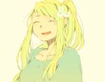 1girl bangs blonde_hair bouquet close-up closed_eyes earrings face flower flower_request fullmetal_alchemist green_shirt hair_flower hair_ornament happy igi_(tarqu0ise) jewelry long_hair open_mouth ponytail shirt simple_background smile solo_focus upper_body white_flower winry_rockbell 