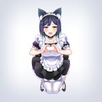  1girl :d animal_ears apron bangs black_dress black_footwear blue_hair blush breasts collarbone dress eyebrows_visible_through_hair frilled_apron frills grey_background heart heart_hands highres kemonomimi_mode large_breasts looking_at_viewer maid_apron maid_headdress nijisanji open_mouth pleated_dress puffy_short_sleeves puffy_sleeves shirihime shizuka_rin shoes short_hair short_sleeves simple_background smile solo thigh-highs virtual_youtuber white_apron white_legwear yellow_eyes 