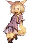  1girl absurdres animal_ears blonde_hair bow bowtie commentary_request fennec_(kemono_friends) fox_ears fox_tail fur_trim highres kaamin_(mariarose753) kemono_friends pleated_skirt puffy_short_sleeves puffy_sleeves short_hair short_sleeves skirt solo standing standing_on_one_leg tail thigh-highs 