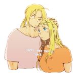  1boy 1girl 2018 antenna_hair blonde_hair blue_eyes couple dated earrings edward_elric expressionless fingernails fullmetal_alchemist hand_on_another&#039;s_head hetero igi_(tarqu0ise) jewelry long_hair looking_at_another looking_away one_eye_closed orange_shirt ponytail shirt simple_background upper_body white_background white_shirt winry_rockbell yellow_eyes 