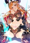  1girl arrow bangs black_gloves black_legwear blue_background blush breastplate breasts brown_eyes cape cleavage commentary_request elbow_gloves gloves granblue_fantasy hair_ornament hairband hand_behind_head hand_in_hair head_wings large_breasts long_hair looking_at_viewer navel open_mouth orange_hair sidelocks simple_background smile solo song_(granblue_fantasy) spread_legs squatting sweat tatami_to_hinoki thigh-highs thighs waist white_cape 