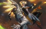  1boy 1girl armor artist_name blizzard_(company) blonde_hair blue_eyes blurry blurry_background bodysuit brown_legwear faulds from_side genji_(overwatch) glowing glowing_wings gun hair_tie helmet high_ponytail holding holding_weapon katana long_hair looking_at_another mask mechanical_halo mechanical_wings mercy_(overwatch) nose open_mouth overwatch pelvic_curtain raikoart robot spread_wings standing sword visor weapon wings yellow_wings 
