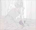  1girl back_turned bare_legs bed bed_sheet bouquet curtains flower flower_request hair_over_shoulder kai_(dweep) kneeling long_hair looking_away monochrome original ponytail shorts sleeveless solo_focus window 