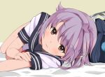  1girl bag bangs bare_legs bed_sheet brown_eyes eyebrows_visible_through_hair hair_ornament hairpin idolmaster idolmaster_cinderella_girls kirarin369 koshimizu_sachiko looking_at_viewer lying lying_on_bed on_side purple_hair school_bag school_uniform serafuku short_hair short_sleeves solo sweat 