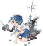  1girl akasaka_yuzu antiaircraft_weapon bike_shorts blue_eyes blue_hair blue_neckwear blue_ribbon blue_sailor_collar blue_skirt brown_eyes depth_charge fingerless_gloves fukae_(kantai_collection) gloves gun hat kantai_collection kneehighs mast official_art ribbon rigging sailor_collar sailor_hat school_uniform serafuku short_hair skirt smoke smokestack torn_clothes turret weapon white_gloves white_hat 