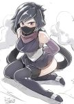  1girl artist_name ayame_(gundam_build_divers) black_hair black_legwear blush bound bound_arms breasts butcha-u covered_mouth elbow_gloves face_mask frown gloves gundam gundam_build_divers highres japanese_clothes large_breasts long_hair looking_at_viewer low_ponytail mask ninja red_scarf scarf seiza signature sitting smoke solo split_ponytail violet_eyes 