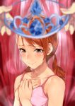  1girl bare_shoulders blurry blush brown_eyes brown_hair camisole collarbone commentary_request crying crying_with_eyes_open depth_of_field gem geregere_(lantern) hands_on_own_chest happy_tears highres holding houjou_karen idolmaster idolmaster_cinderella_girls lens_flare low_twintails pink_camisole pov pov_hands smile solo_focus tears tiara twintails wavy_mouth 