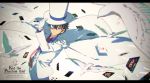  1boy bird black_hair blue_eyes blurry cape card clover cowboy_shot depth_of_field dove english formal four-leaf_clover gloves hand_in_pocket hand_on_headwear hat highres kaitou_kid letterboxed long_sleeves looking_at_viewer magic_kaito male_focus meitantei_conan monocle necktie one_eye_covered playing_card red_neckwear smile solo suit tachibana_amane_(amane01a) top_hat white_background white_cape white_gloves white_hat white_suit wing_collar 