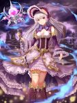  1girl bonnet boots breasts castle clouds dew_(7302235) dress frilled_sleeves frills highres holding holding_staff knee_boots long_hair looking_at_viewer medium_breasts original outdoors purple purple_dress solo staff standing thigh_strap white_hair 