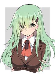  1girl absurdres blouse breast_hold breasts brown_jacket buttons cardigan crossed_arms eyebrows_visible_through_hair frown green_eyes green_hair hair_ornament hairclip highres jacket kantai_collection large_breasts long_hair long_sleeves sakakiba_misogi school_uniform solo suzuya_(kantai_collection) upper_body white_blouse wing_collar 