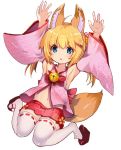  1girl animal_ears armpits arms_up bell blonde_hair blue_eyes detached_sleeves fox_ears fox_tail hair_ornament hairclip hakama_skirt heart japanese_clothes jingle_bell jumping kemomimi_oukoku_kokuei_housou legs_up long_hair miko mikoko_(kemomimi_oukoku_kokuei_housou) miniskirt navel open_clothes open_mouth open_shirt pink_shirt red_skirt ribbon rk_(rktorinegi) sandals shirt simple_background skirt solo tail thigh-highs twintails virtual_youtuber white_background white_legwear 