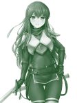  1girl armor ass_visible_through_thighs bangs belt breastplate brown_legwear closed_mouth covered_navel cowboy_shot dress elbow_gloves eyebrows_visible_through_hair fire_emblem fire_emblem:_mystery_of_the_emblem fire_emblem_heroes gloves green hand_on_hip headband highres holding holding_sword holding_weapon inanaki_shiki long_hair looking_at_viewer monochrome pantyhose paola pegasus_knight scabbard sheath short_dress shoulder_armor side_slit sidelocks simple_background smile solo sword thigh-highs thigh_gap unsheathed weapon white_background 