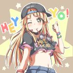  1girl backwards_hat bang_dream! bangs baseball_cap black_hat black_shirt bling blonde_hair bracelet breasts character_print clothes_writing crop_top denim earrings english fancy_glasses hat headset headwear_writing jeans jewelry long_hair looking_at_viewer michelle_(bang_dream!) midriff mouth_hold navel necklace one_eye_closed outline pants paw_print pink-framed_eyewear print_shirt riai_(onsen) ring shirt short_sleeves smile solo star sunglasses thumbs_up tsurumaki_kokoro under_boob white_outline yellow_eyes 