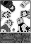  2koma 6+girls :d =_= african_wild_dog_(kemono_friends) animal_ears bangs bear_ears blazer breast_pocket brown_bear_(kemono_friends) building campo_flicker_(kemono_friends) clenched_teeth closed_eyes comic crossover eating extra_ears eyebrows_visible_through_hair flying_sweatdrops food from_below fur_collar giraffe_ears giraffe_horns giraffe_print gloves godzilla godzilla_(series) golden_snub-nosed_monkey_(kemono_friends) grey_wolf_(kemono_friends) greyscale head_wings highres holding holding_food jacket kemono_friends kishida_shiki long_hair long_sleeves looking_at_another monkey_ears monochrome multicolored_hair multiple_girls necktie open_mouth personification plaid_neckwear pocket reticulated_giraffe_(kemono_friends) scarf shin_godzilla shirt short_hair short_sleeves silent_comic smile sweatdrop teeth two-tone_hair upper_body wavy_mouth wolf_ears 