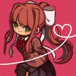  1girl bangs black_skirt blush bow brown_hair closed_mouth collared_shirt doki_doki_literature_club facing_away green_eyes grey_jacket hair_bow hair_intakes heart heart_of_string jacket long_hair miniskirt monika_(doki_doki_literature_club) no_pupils orange_vest pink_background pleated_skirt ponytail red_ribbon ribbon school_uniform shirt sidelocks skirt skirt_lift smile solo vest white_bow white_shirt yukino_super 