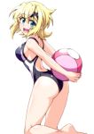  1girl akatsuki_kirika arms_behind_back ass ball bare_shoulders beachball blonde_hair blue_swimsuit blush breasts commentary_request competition_school_swimsuit eyebrows_visible_through_hair from_behind green_eyes hair_ornament looking_at_viewer looking_back medium_breasts one-piece_swimsuit open_mouth school_swimsuit senki_zesshou_symphogear shiny shiny_hair shiny_skin short_hair simple_background solo standing swimsuit white_background x_hair_ornament zetsumu 