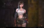  1girl 3d absurdres artist_name bangs bare_shoulders belt blair_armitage blurry blurry_background breasts brown_eyes brown_hair chocobo cleavage closed_mouth collarbone commentary_request dirty earrings elbow_gloves elbow_pads final_fantasy final_fantasy_vii fingerless_gloves gloves highres jewelry large_breasts lips long_hair midriff miniskirt navel skirt sleeveless solo tifa_lockhart torn_clothes 