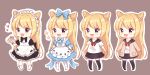  1girl :d apron black_dress black_legwear black_sailor_collar black_skirt blonde_hair blue_bow blue_dress blush bow breasts brown_background cake chibi commentary_request double_bun dress fang food hair_bow highres holding holding_plate jacket light_(luxiao_deng) long_hair long_sleeves looking_at_viewer maid maid_headdress multiple_views open_clothes open_jacket open_mouth original outline pantyhose plate pleated_skirt puffy_short_sleeves puffy_sleeves red_bow sailor_collar school_uniform serafuku shirt short_sleeves skirt sleeves_past_wrists slice_of_cake smile socks sparkle striped striped_bow thigh-highs variations very_long_hair violet_eyes white_apron white_legwear white_outline white_shirt wrist_cuffs 