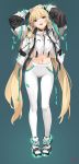  1girl angela_balzac arms_up blue_eyes blush commentary_request deva_battle_suit earrings green_background headgear highres jewelry long_hair looking_at_viewer midriff navel open_mouth rakuen_tsuihou simple_background standing twintails very_long_hair yang-do 