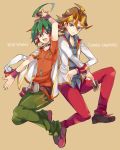  2boys ahoge blue_eyes brown_footwear card card_between_fingers character_name choker goggles goggles_on_head green_hair green_pants grey_shirt holding holding_card jacket looking_at_viewer male_focus multicolored_hair multiple_boys open_mouth pants red_eyes red_footwear red_pants redhead rento_(rukeai) sakaki_yuuya sawatari_shingo shirt shoes smile white_jacket yu-gi-oh! yuu-gi-ou_arc-v 