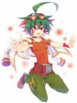  1boy ahoge choker floral_background flower green_hair green_pants jumping multicolored_hair open_mouth outstretched_arms pants red_eyes red_footwear redhead rento_(rukeai) sakaki_yuuya shoes smile solo yu-gi-oh! yuu-gi-ou_arc-v 