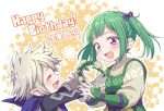  1boy 1girl bow closed_eyes fire_emblem fire_emblem_if flower gloves green_hair hair_bow head_wreath hiyori_(rindou66) kanna_(fire_emblem_if) midoriko_(fire_emblem_if) pointy_ears scarf smile translation_request twintails white_hair 