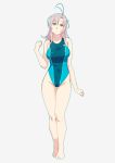  1girl alternate_costume antenna_hair aqua_swimsuit barefoot competition_swimsuit full_body green_eyes grey_background grey_hair hair_tie highres kantai_collection kinugasa_(kantai_collection) medium_hair one-piece_swimsuit short_twintails simple_background solo standing swimsuit twintails yuuji_(and) 